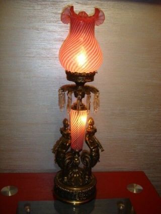 Fenton Rare Swirl Glass Lamp With 3 Lighting Options & Mermaid Figurines,  Brass