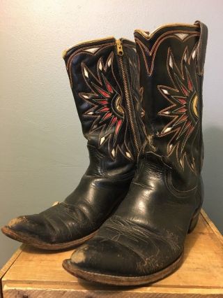 Vtg 50s 60s Black Acme Western Cowboy Boots Mens 10 1/2 Rockabilly Vlv Red Inlay