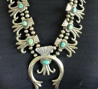 Impressive Vintage Navajo Cast Sterling Silver Turquoise Squash Blossom Necklace