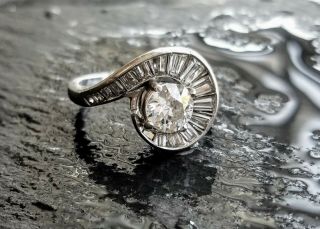 European Cut Platinum Diamond Engagement Art Deco Moderne Cocktail Ring