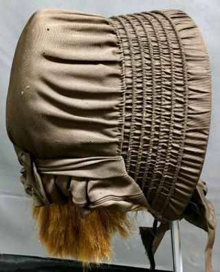 Antique Victorian Poke Bonnet Civil War Era Ruched Brown Silk Taffeta Edwardian