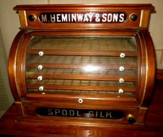 Antique Heminway Thread Spool Cabinet Curved Glass “c” Roll Top Front
