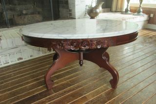 Vintage Carved Rose Victorian Mahogany Marble Top Coffee Table 1895b