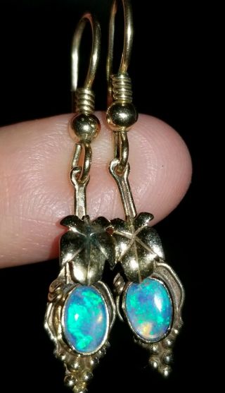 Estate Vintage 14k Solid Gold 1.  6ct Australian Opal Art Drop Earrings