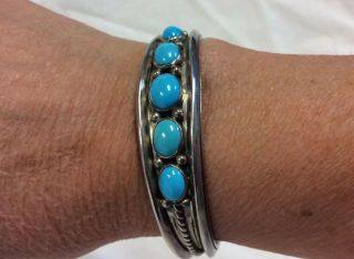 Vintage Navajo R Bennett Sterling Silver & Turquoise Cuff Bracelet Small Wrist