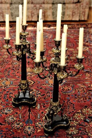 6 Light French Empire Style Marble & Bronze Candelabra 