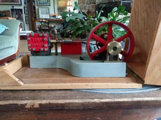 Vtg Large Cast & Brass Tiny Power Steam Engine Model Oak Case 18.  5 " Model 109