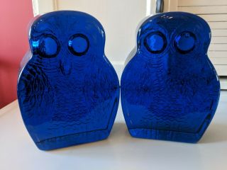 Vintage Glass Blenko Owl Bookends By Joel Meyers Mid Century Modern Cobalt Blue
