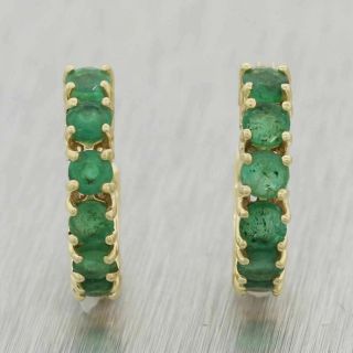 Vintage Estate 14k Yellow Gold 1.  20ctw Green Emerald Hoop Earrings