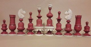 Fine Antique French Bone Mounted Lyon Pattern Chess Set & Box C.  1850 - 1880
