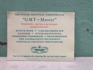 Vintage 1960s Rolex Cigarette Card Insert For Gmt Master 1675 Oyster Chronometer