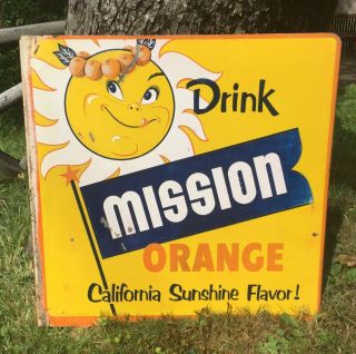 Rare Vintage 1940s Drink Mission Orange Soda Pop Beverage Flange Sunshine Sign