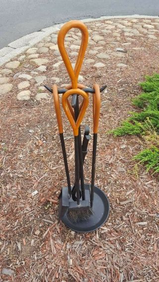 Vintage 1970s Fireplace Tools With Leather Handles Mid - Century