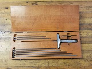 Vintage Starrett 445 Depth Gauge Micrometer & Wood Box Machinist Tools Set ☆usa
