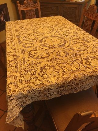 Vintage Crochet Lace Table Cloth Ecru/ Biege 76 " X 62 " Estate Find