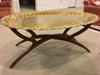 Mid - Century Modern Vintage Brass And Wood Folding Coffee Tray Table