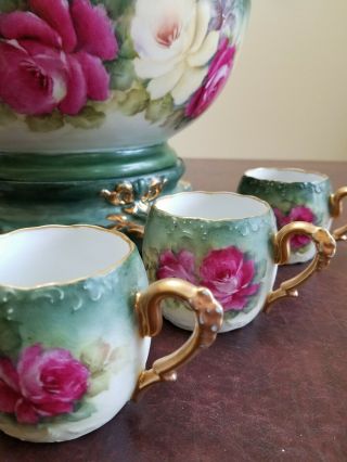 Vintage Hand Painted Punchbowl set with 6 Cups.  Gilded edges.  Gorgeous detail 12
