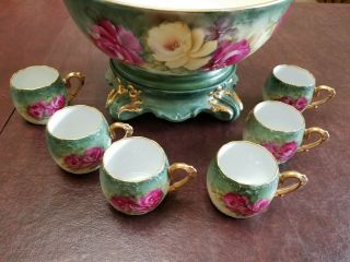 Vintage Hand Painted Punchbowl set with 6 Cups.  Gilded edges.  Gorgeous detail 9