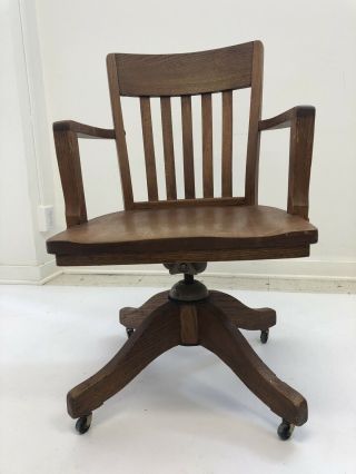 Vintage WOOD BANKER CHAIR antique office industrial swivel arm lawyer desk sikes 5