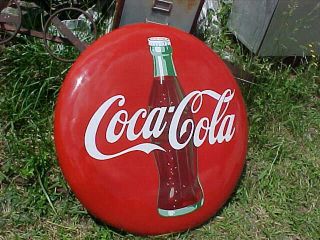 Vintage 1950s Coca Cola Coke Button Porcelain Sign 36 "