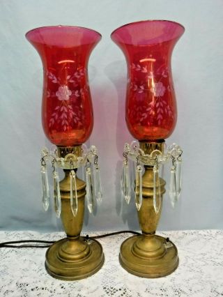 Vintage Pair Cranberry Etched Glass Hurricane Lamps With Prism Mantel / Boudoir