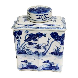 Vintage Style Blue And White Chinese Porcelain Tea Caddy Jar Lotus Motif 14 "