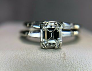Vintage 14k White Gold Emerald Cut Diamond Baguette Diamond Engagement Ring 1/2