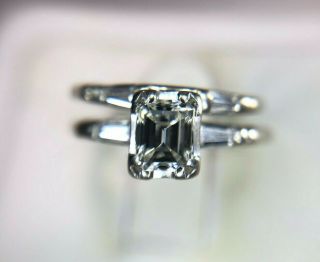 Vintage 14k White Gold Emerald Cut Diamond Baguette Diamond Engagement Ring 1/2 2