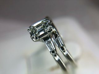 Vintage 14k White Gold Emerald Cut Diamond Baguette Diamond Engagement Ring 1/2 3