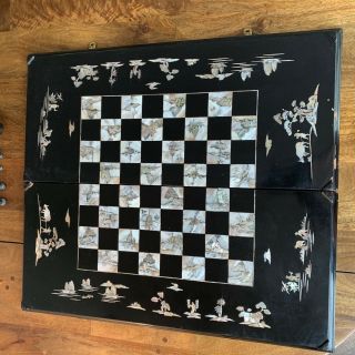 1960s Vintage Black Lacquered Mother Of Pearl Inlay Backgammon Chess Checkers