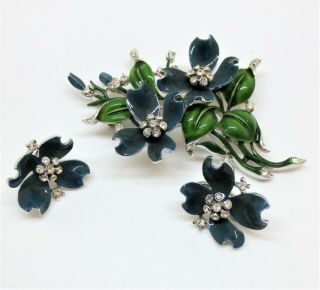Vintage Trifari Blue & Green Enameled Floral Pin & Earrings Set Signed