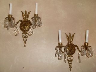 Vintage Antique Pair Spanish Brass Wall Sconces Crystal Prisms Crystal
