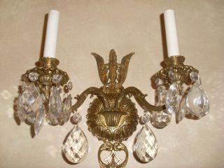 Vintage Antique PAIR Spanish Brass Wall Sconces Crystal Prisms Crystal 2