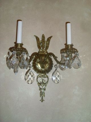 Vintage Antique PAIR Spanish Brass Wall Sconces Crystal Prisms Crystal 3