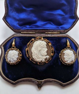 Antique Shell Cameo Brooch & Earrings Set Fitted Case Of God Hercules