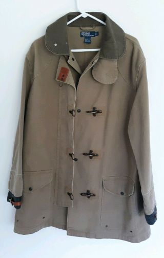 Vintage 90s Polo Ralph Lauren Fireman Jacket Toggle Canvas Leather Trim Coat L
