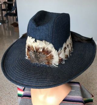 Vintage 70’s Levi Strauss & Co.  Indigo Denim Cowboy Hat Feathers 7 - 3/8