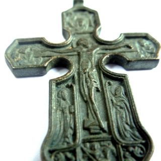 Russian Old Ancient Artifact Bronze Orthodox Cross Double Sides With Saint