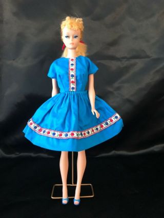 1960s Barbie Clone Blue Dress W Apple Ribbon Trim & Starlet Dot Snaps & Ot Shoes