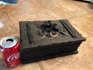 vintage victorian hand carved.  mahogany wooden box Carving Detail 12 X8”4 12