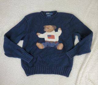 Vintage Polo Ralph Lauren Size M Bear Flag Cotton Hand Knit Sweater Crew Navy