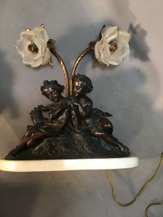 Antique ART NOUVEAU BRONZED CHERUB Figural PUTTI STATUE Glass FLOWER Shade LAMP 11