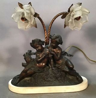 Antique Art Nouveau Bronzed Cherub Figural Putti Statue Glass Flower Shade Lamp