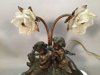 Antique ART NOUVEAU BRONZED CHERUB Figural PUTTI STATUE Glass FLOWER Shade LAMP 2