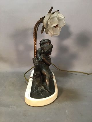 Antique ART NOUVEAU BRONZED CHERUB Figural PUTTI STATUE Glass FLOWER Shade LAMP 4