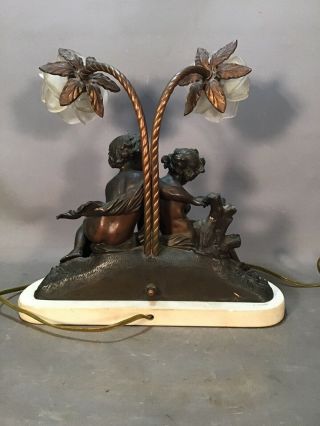 Antique ART NOUVEAU BRONZED CHERUB Figural PUTTI STATUE Glass FLOWER Shade LAMP 5