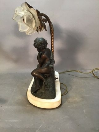 Antique ART NOUVEAU BRONZED CHERUB Figural PUTTI STATUE Glass FLOWER Shade LAMP 7