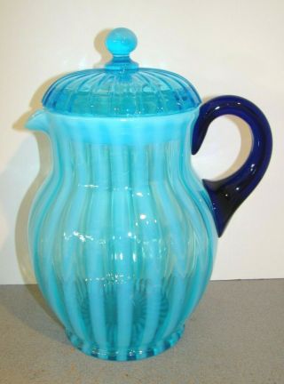 Vintage Fenton Blue Opalescent Glass Rib Optic Striped Lemonade Pitcher W/ Lid