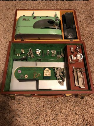 Vintage 1950’s Bell Portable Sewing Machine W/case,  Keys,  Attachments & Needle