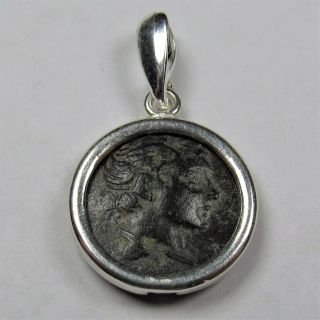 Authentic Ancient Greek Bronze Coin Sterling Silver Pendant Setting Gemini 256